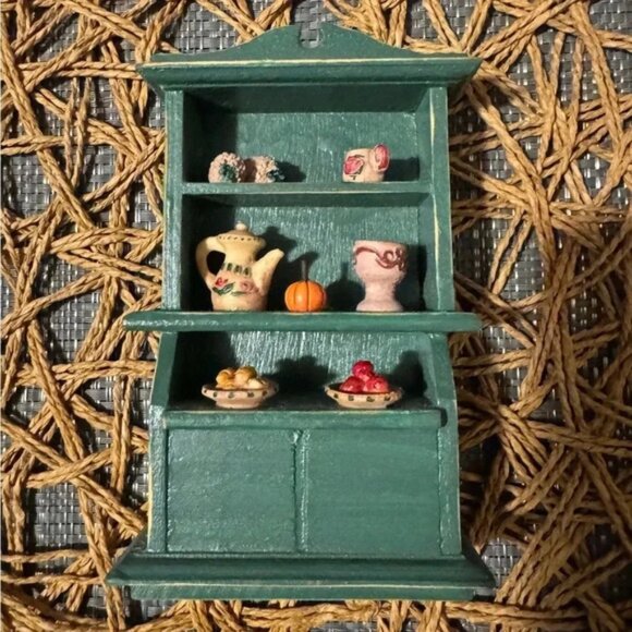 Dollhouse Miniature Kitchen Cabinet Bookcase Shelf Tea and Baked Goods Wooden - Picture 1 of 6